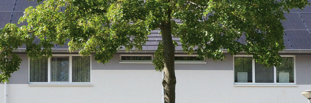 Eengezinswoning met witte muur en een boom ervoor