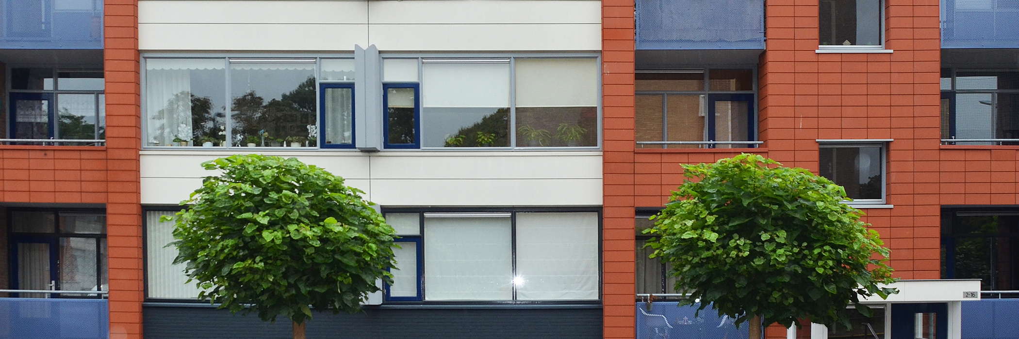 Appartementencomplex met rode bakstenen gevel, witte kozijnen met blauwe vlakken en twee bomen