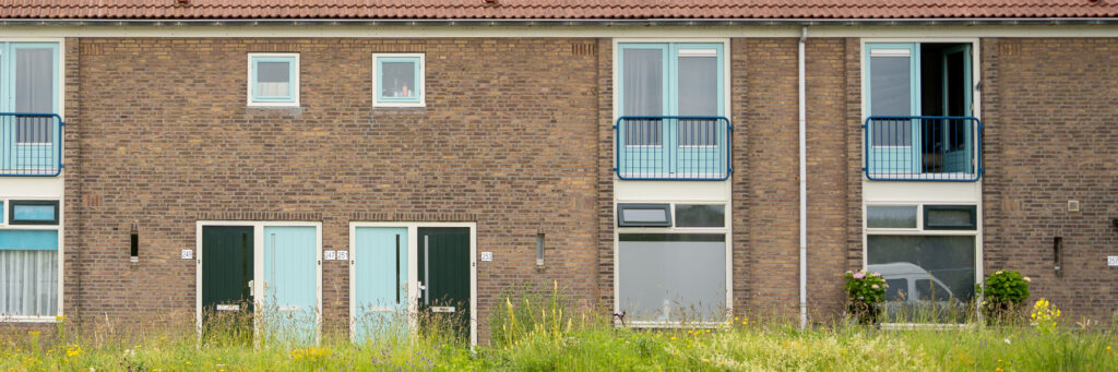 Woningen met bruine bakstenen gevel, witte kozijnen, blauwe ramen en deuren en gras voor de deur