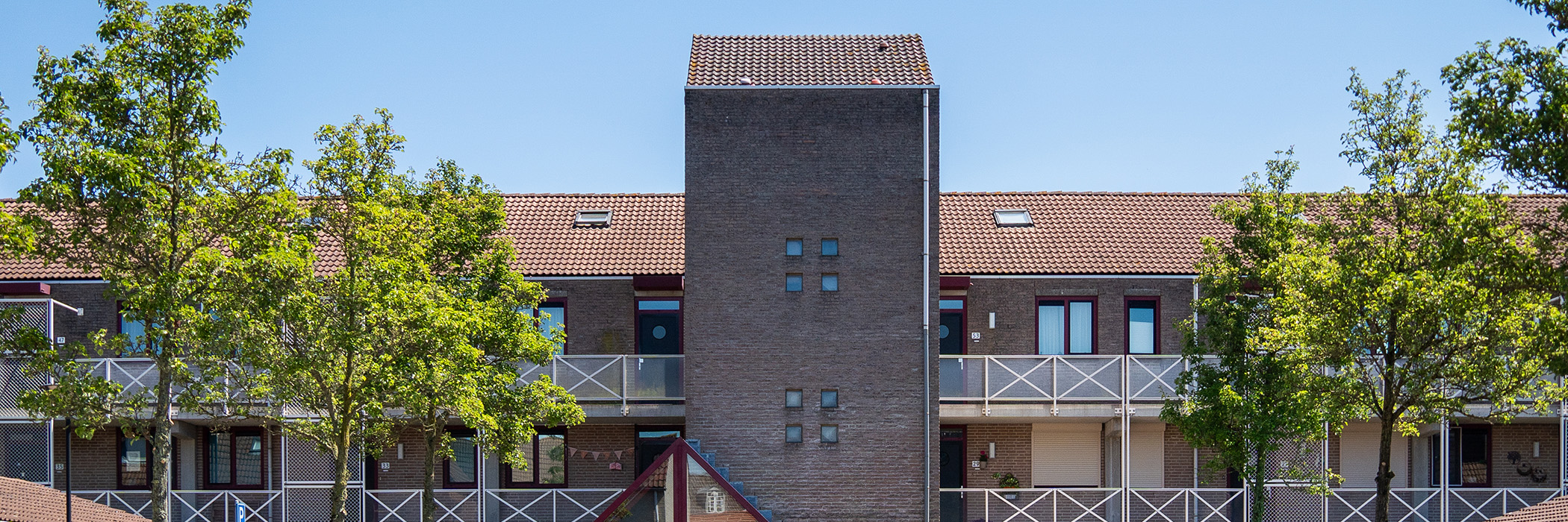 Appartementencomplex met donkergrijze bakstenen gevel, donkerbruine kozijnen en deuren met twee bomen voor de deur