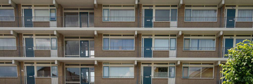 Appartementencomplex met witte kozijnen, blauwe ramen en deuren en grijze balustrade met een boom ervoor