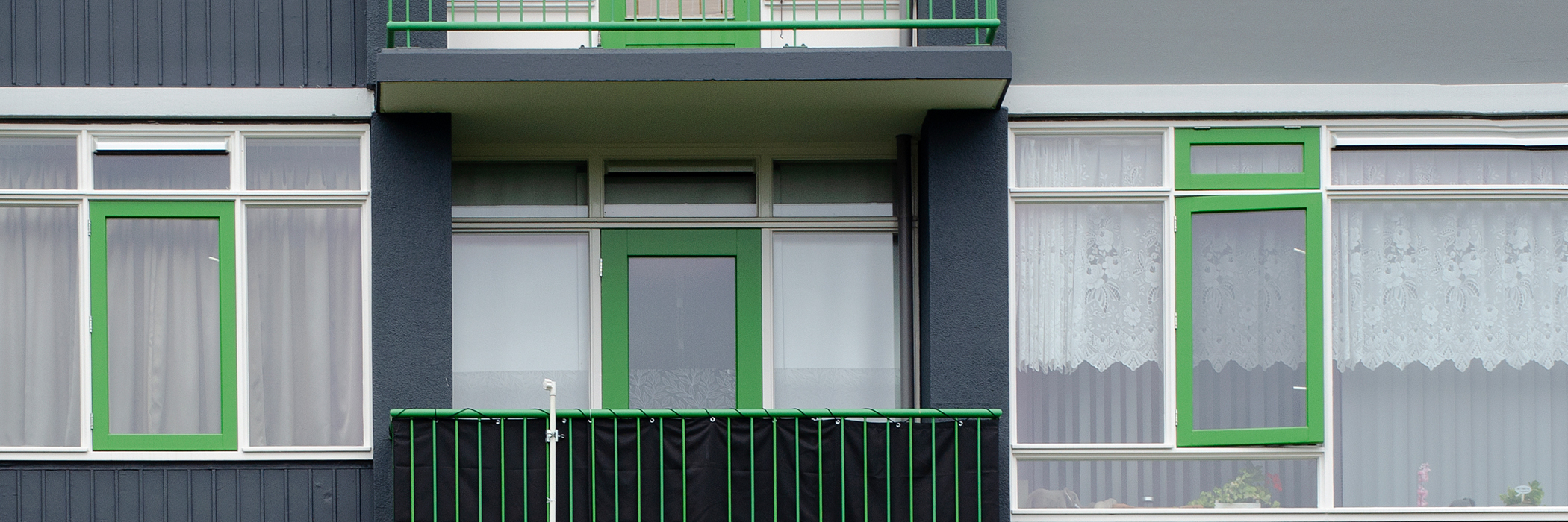 Appartementencomplex met zwarte gevel, witte kozijnen met groene balustrade