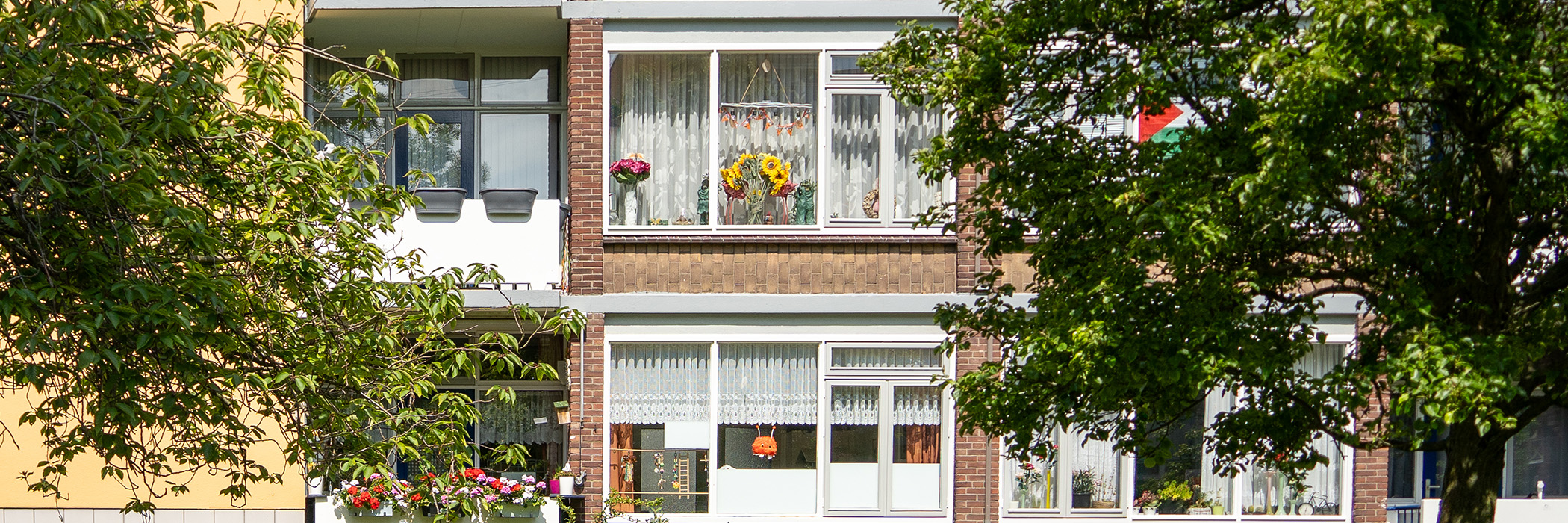 Woningen met bruine bakstenen gevel, met geel, witte kozijnen en witte balkons