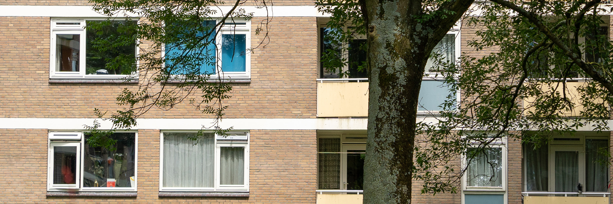 Appartementencomplex met bruine bakstenen gevel, witte kozijnen en gele balkons