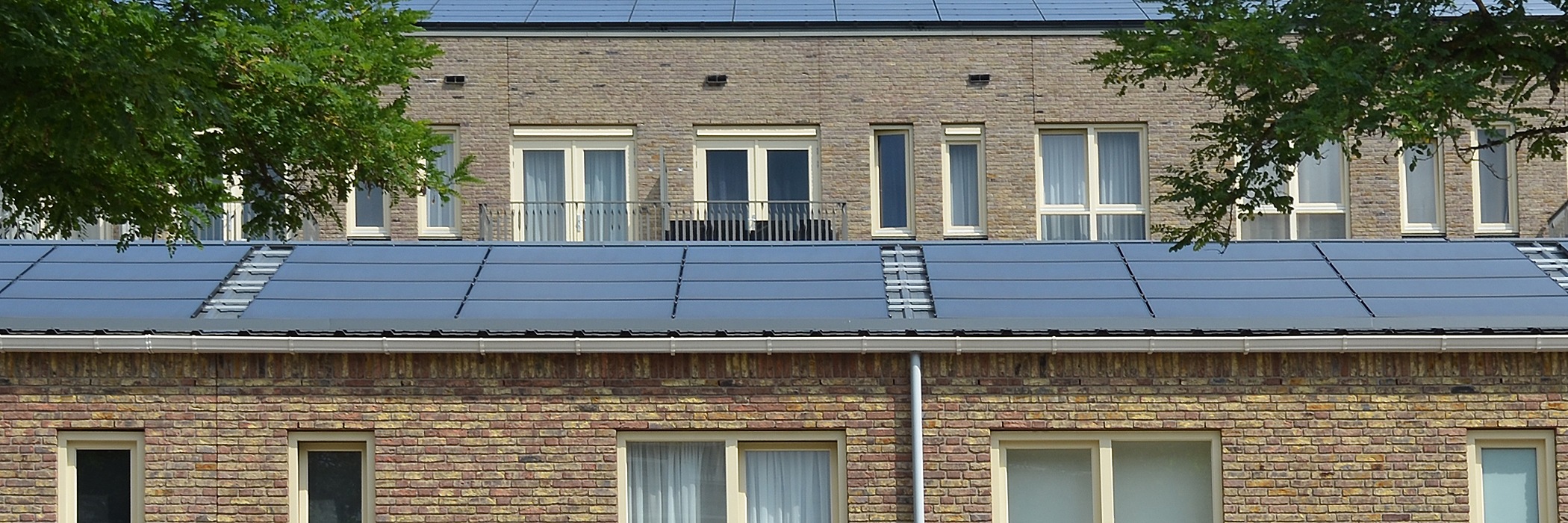 Woningen met licht crème bakstenen gevel, gele kozijnen, zonnepanelen op het dak en twee bomen