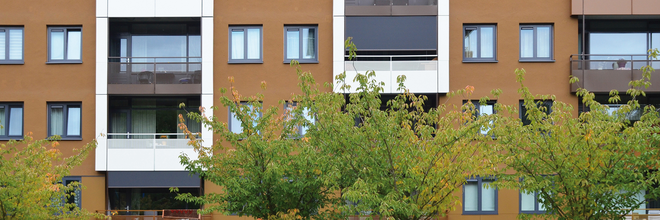 Appartementen met een bruine gevel, donkere kozijnen, en verschillende kleuren balkon.