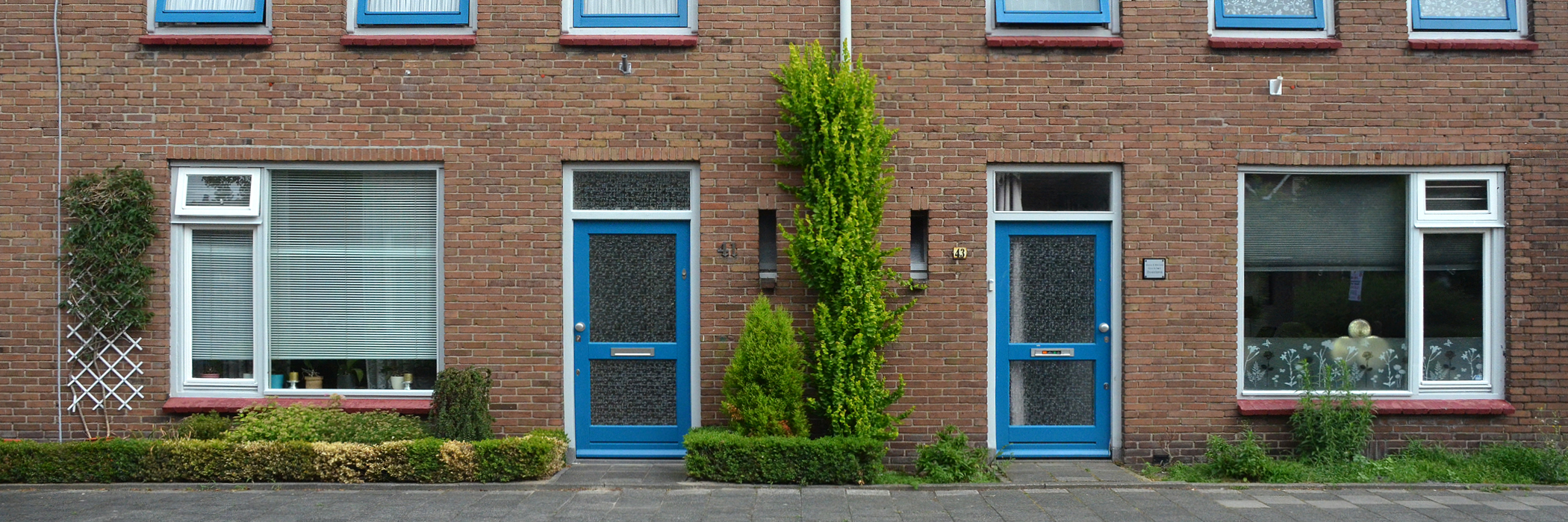 Woningen met bruine bakstenen gevel, witte kozijnen en blauwe deuren en ramen met bosjes voor de deur