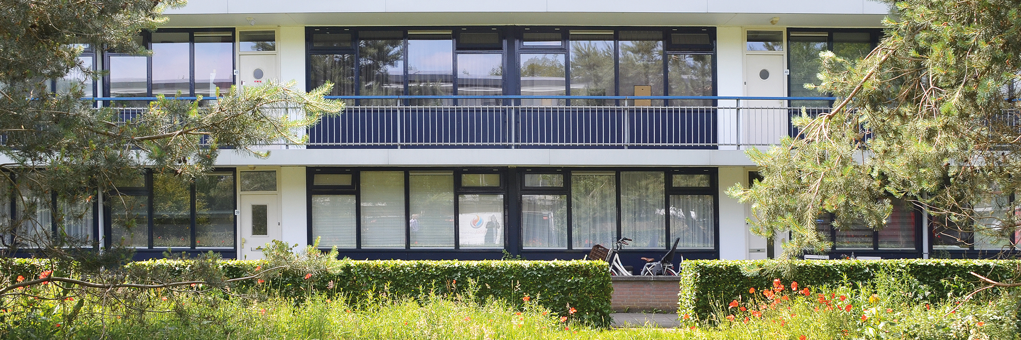 Appartementencomplex met donkerblauwe kozijnen, witte deuren en struiken voor het gebouw