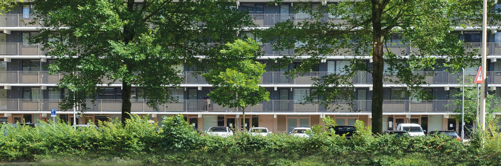 Flatgebouw met grijze kozijnen. voor het complex zijn parkeerplaatsen met auto's en daarvoor staan grote bomen en een struik.