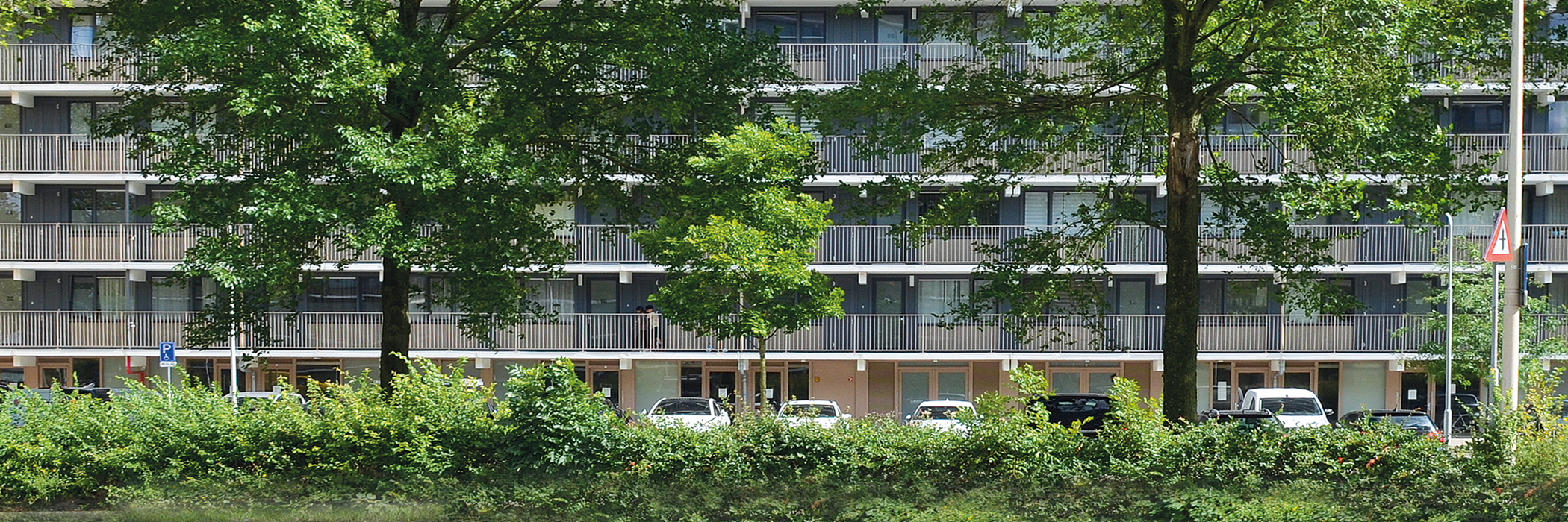 Flatgebouw met grijze kozijnen. voor het complex zijn parkeerplaatsen met auto's en daarvoor staan grote bomen en een struik.