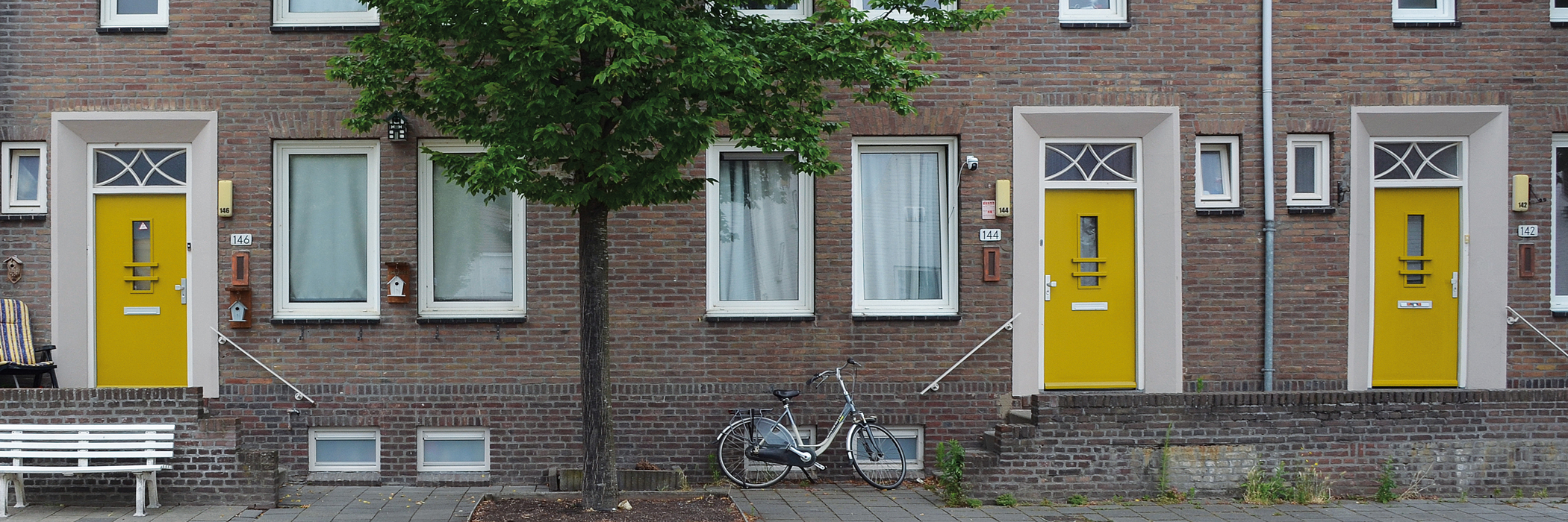 verhoogde entree voor woningen met gele deuren en witte kozijnen. tussen de woningen staat een boom