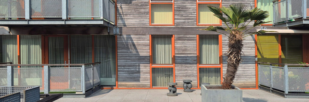 woningen met hout aan de buitenkant, de kozijnen zijn oranje